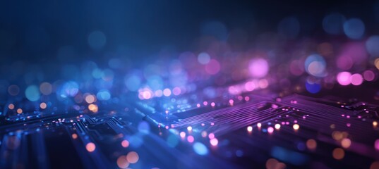 Abstract glowing circuit board with blue and pink bokeh lights