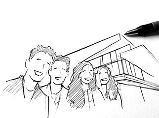 Dream Home Sketch: An architect's sketch depicts a joyful family in front of a modern home, embodying the aspiration of homeownership and the realization of dreams.