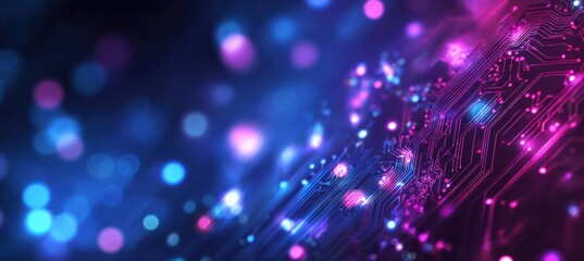 Abstract glowing circuit board with blue and magenta light bokeh background