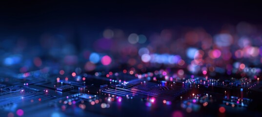 Glowing circuit board with abstract blue and pink bokeh lights background.