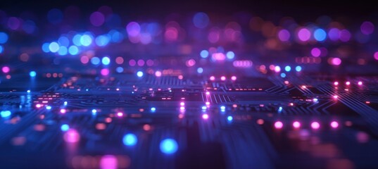 Abstract glowing circuit board with blue and pink lights bokeh effect