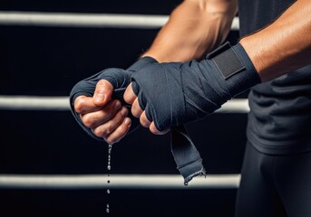 Boxer tying hand wraps to prepare for training | boxing, boxer, fighting, punch, athlete, gloves, training, action, combat sport, strength