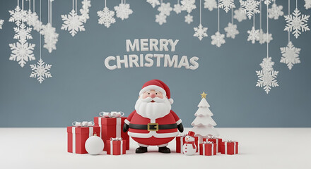 Santa claus with gifts and christmas tree wishing merry christmas