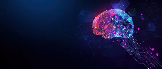 Abstract glowing polygonal brain connected to digital circuit lines background