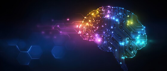 Digital brain circuit glowing with colorful lights on dark background.