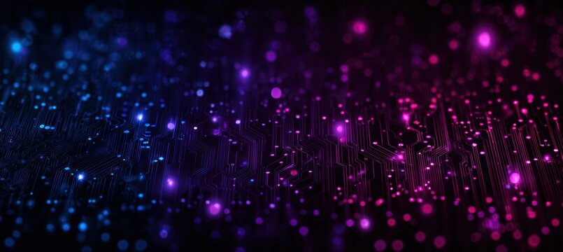 Abstract glowing circuit board lines with blue and magenta bokeh lights