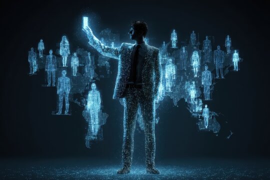 A businessman in a sleek office, illuminated by soft blue light, interacts with holographic silhouettes of diverse candidates on a world map, conveying focus and determination
