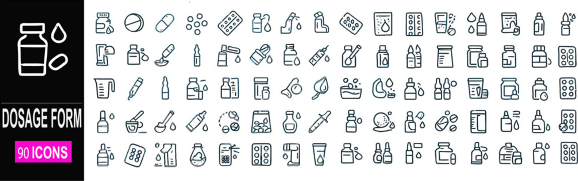 Pharmaceutical dosage forms Outline icon set. Editable stroke.eps