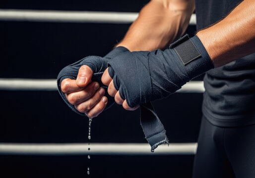 Boxer tying hand wraps to prepare for training | boxing, boxer, fighting, punch, athlete, gloves, training, action, combat sport, strength