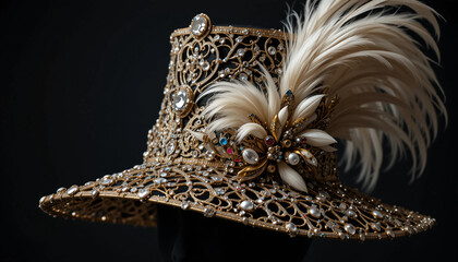 Glamorous Art Deco women's hat adorned with gemstones and intricate patterns on dark background
