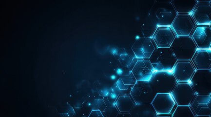 Dark abstract background with glowing blue hexagonal digital network patterns.