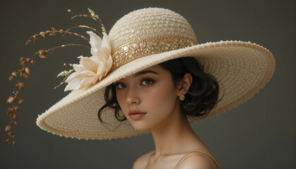 Art Deco women's hat in elegant mood worn by a young woman on soft gray background