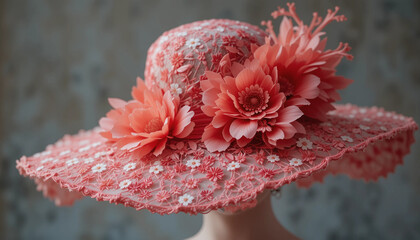Stylish women's hat adorned with bright coral accents reminiscent of a summer sunset with intricate details
