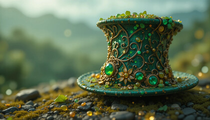 Whimsical leprechaun hat crafted with bright green amber gemstones and intricate design on natural background