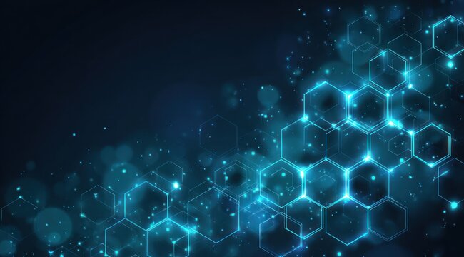 Abstract dark background with glowing blue neon hexagonal network structure