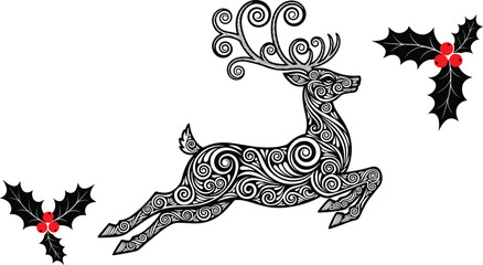 Jumping Swirling Reindeer Silhouette and Holly Berries Vector Illustration; Intricate Black and White Mythological Stag Design for Christmas, Holiday Cards, and Winter Decoration Projects.