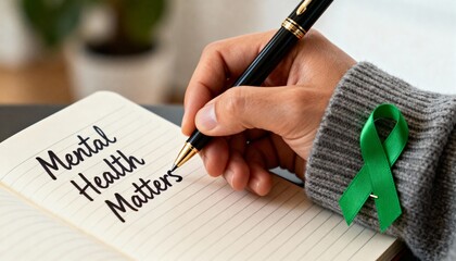 close-up of hand writing mental health matters in notebook with green awareness ribbon