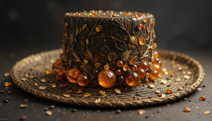 Amber-adorned hat artistically crafted with intricate designs and decorative elements on dark background