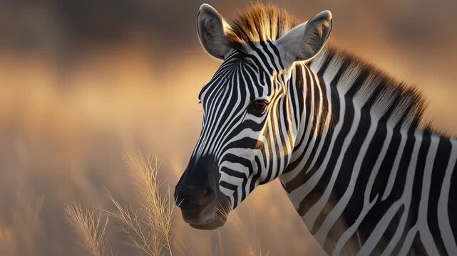 A zebra stands motionless in warm sunset light as the camera slowly moves forward capturing its detailed stripes and calm gaze surrounded by dry golden grass of African savanna