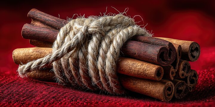 Rustic bundle of cinnamon sticks tied with twine on textured red holiday background.

