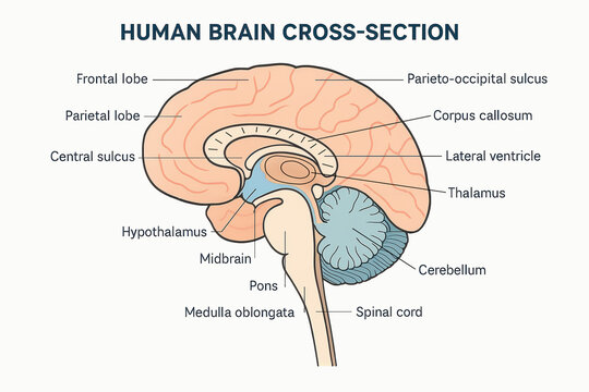 functional areas of the human brain, including motor control, vision, speech, memory processing, and emotion diagram hand drawn schematic illustration. Medical science educational illustration