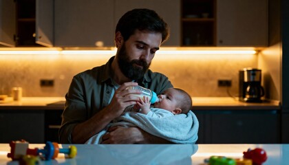 caring father bottle-feeding infant in cozy kitchen with warm lighting during evening