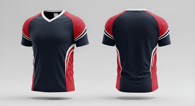 Front and back view of a navy blue and red sports jersey mockup for soccer team uniforms