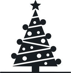 Black and white vector graphic of a decorated Christmas tree