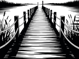 Black and white wooden pier extending into water with reeds