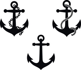 Three black anchor silhouettes with chain and rope