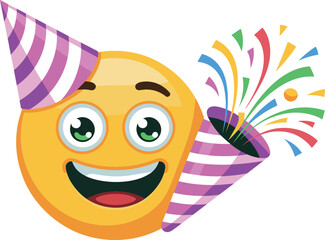 Yellow emoji with party hat and confetti popper vector