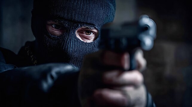 Masked criminal wearing a balaclava aiming a handgun, creating a feeling of threat, danger, crime, and violence, representing themes of robbery and illegal activities