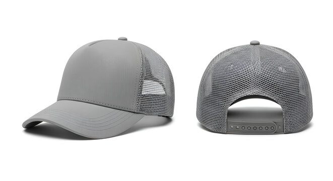 A blank gray trucker hat mockup showing front and back angles with mesh fabric and snapback closure for apparel design presentation