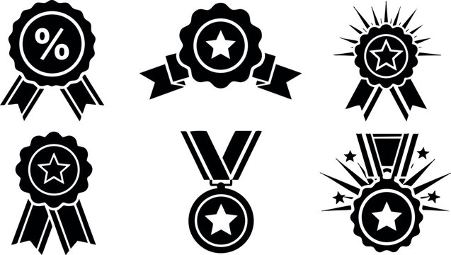 Award medals with star and percent symbols in black vector illustration set for achievement and recognition design