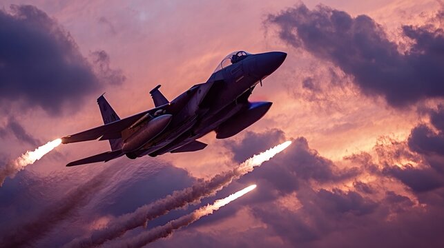 F 15 eagle fighter jet executing a defensive maneuver by deploying flares and afterburner, creating striking trails against a dramatic orange and purple sunset sky with scattered clouds