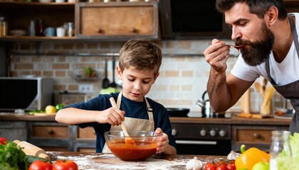 father and son cooking together tasting homemade sauce in rustic kitchen setting