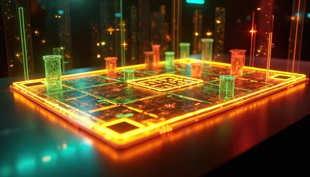 Illustration presents futuristic board game concept using holographic tech. Digital gaming board with luminous elements features virtual tokens. Innovative interface with interactive design for