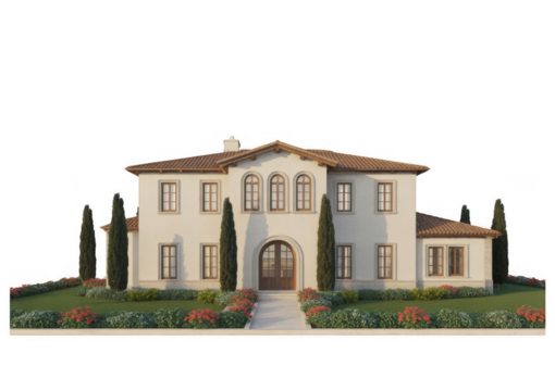 Large stucco house with arched windows and tiled roof isolated on a transparent background
