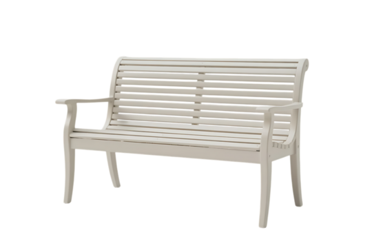 Classic white slatted outdoor park bench with armrests isolated on transparent background