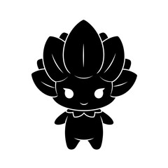 Adorable black flower creature vector icon with large layered petals and glowing white eyes isolated on white background