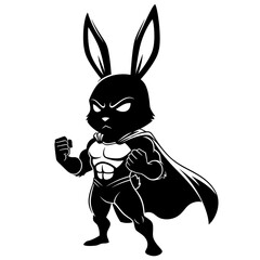 Black superhero rabbit character vector mascot standing heroically with cape and muscular chest isolated on white background