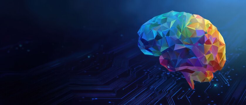 Colorful low poly brain floats above dark digital circuit board background.