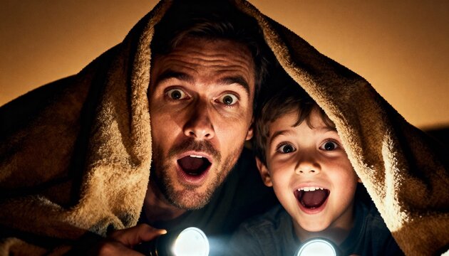 father and son playing with flashlights under a blanket, creating a cozy nighttime adventure