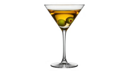 Martini cocktail with two green olives in a clear glass isolated on a transparent background