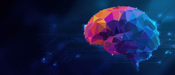 Low poly brain structure over dark blue digital circuit background