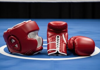Boxing gear sits ready on ring surface | boxing, boxer, fighting, punch, athlete, gloves, training, action, combat sport, strength