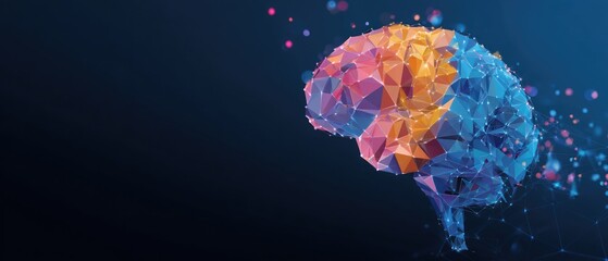 Abstract polygonal brain structure with glowing connections on dark background