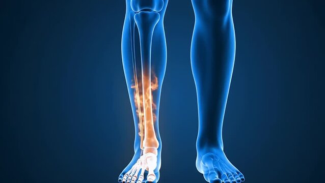 Medical illustration highlighting pain and inflammation in the human lower leg bones with a glowing effect