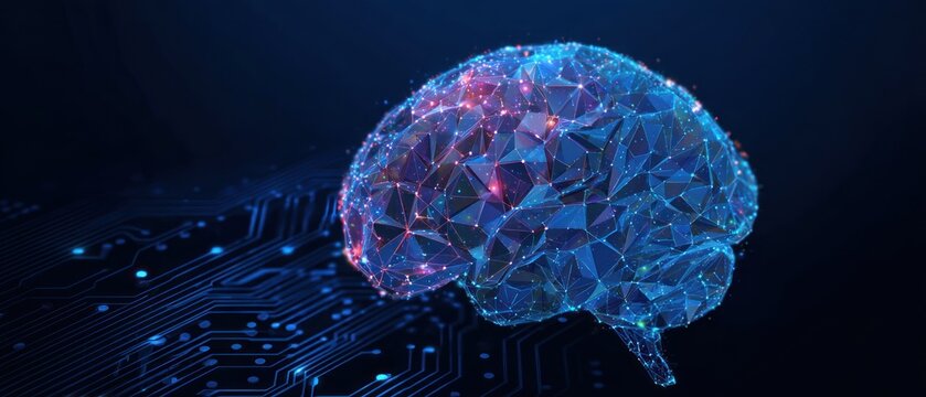 Glowing digital brain structure over dark circuit board background