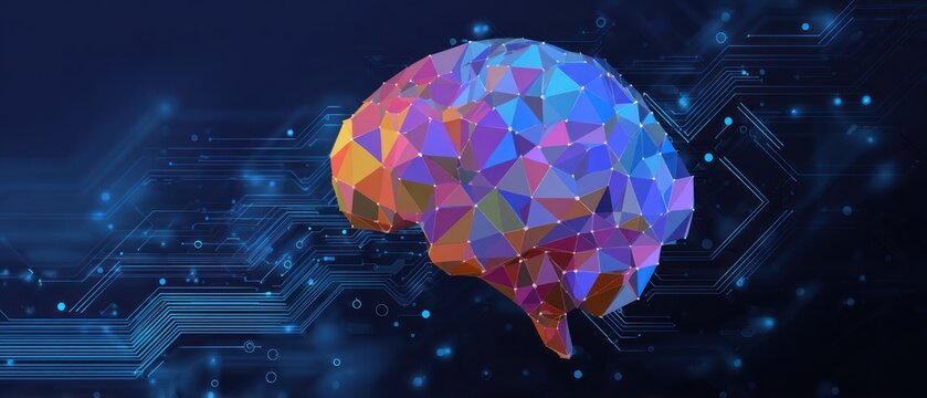Low poly brain model floats over dark blue digital circuit background
